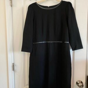 TALBOTS Black Ponte Knit Faux Leather Trim Dress Sz 10P 3/4‎ sleeves EUC